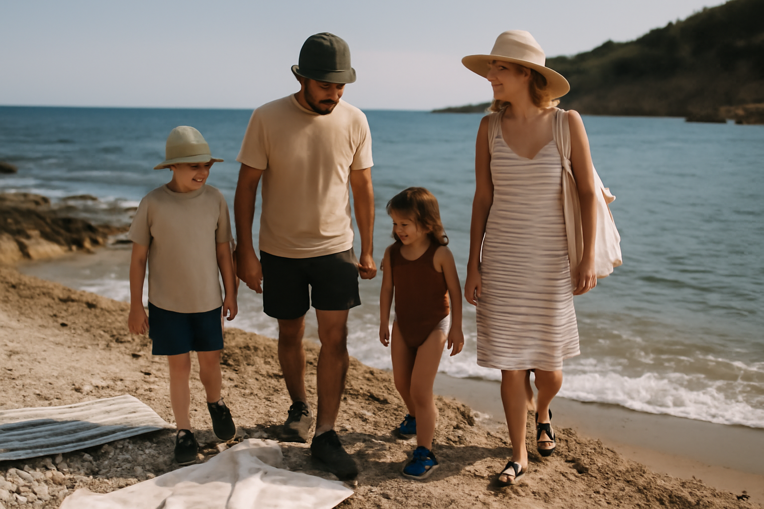 bandol plage : famille sur le sable et entrée dans l’eau près des galets