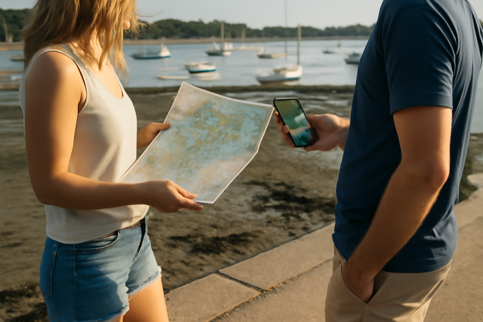 Carte du golf du morbihan sur smartphone et papier, près d’un port du Golfe du Morbihan, lumière de fin d’après-midi