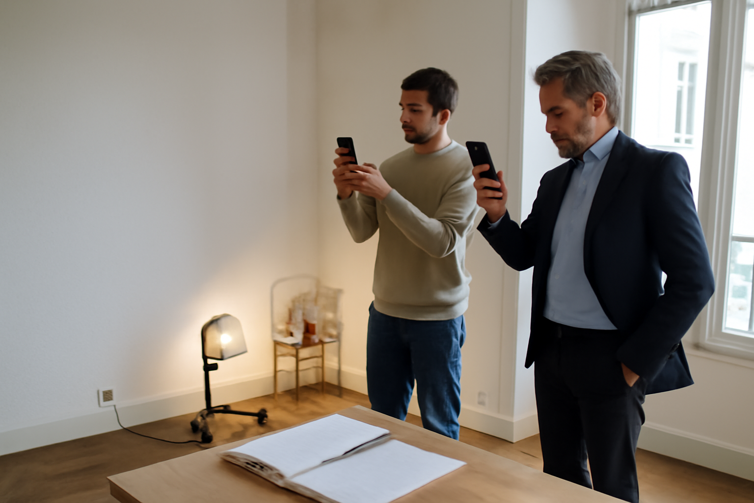 etat des lieux de sortie : photos datées et relevés dans un appartement vide, lumière de jour