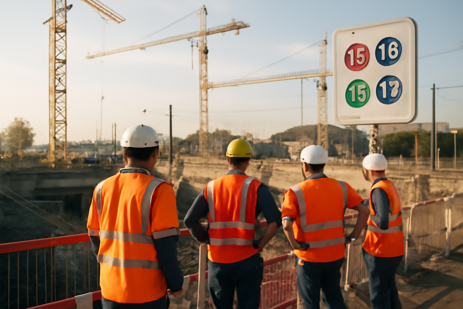 Ligne 15 grand paris : vue réaliste d’une gare en construction en Île-de-France, ouvriers et signalétique de chantier, lumière de matin