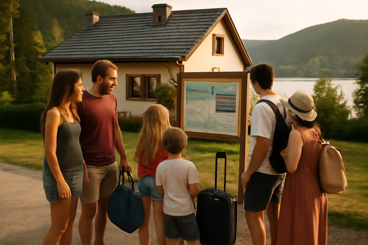 Location gerardmer au bord du lac des Vosges avec un couple devant un logement et un parking