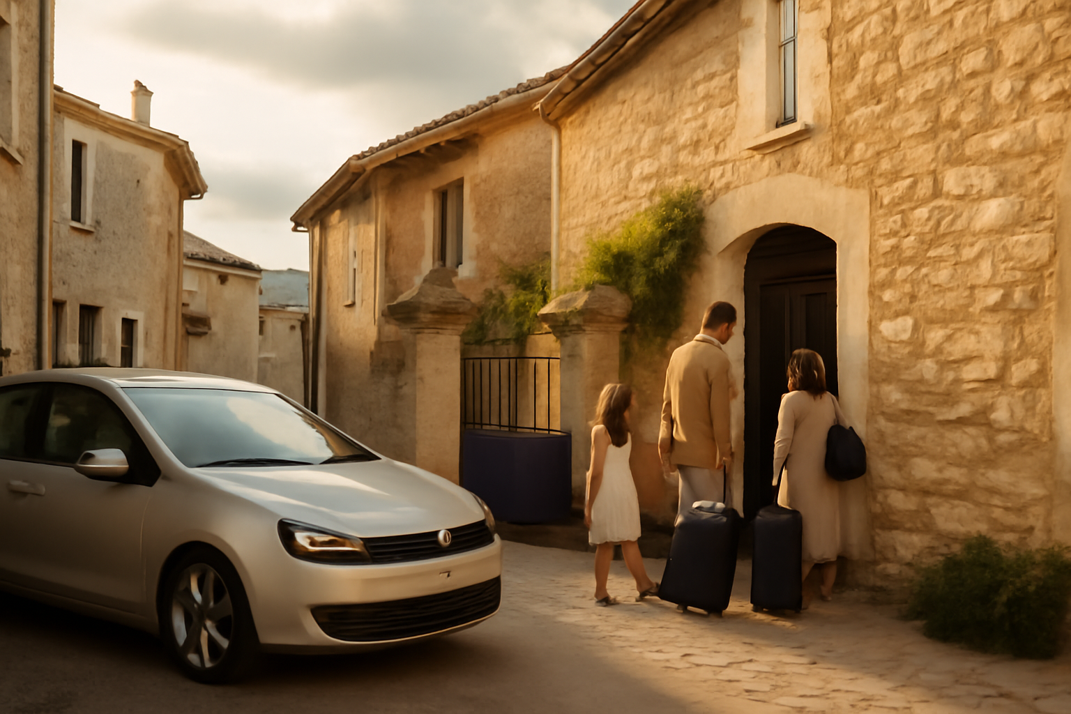 Vue sur un village de Haute-Provence avec une location vacances et une voiture garée sur place