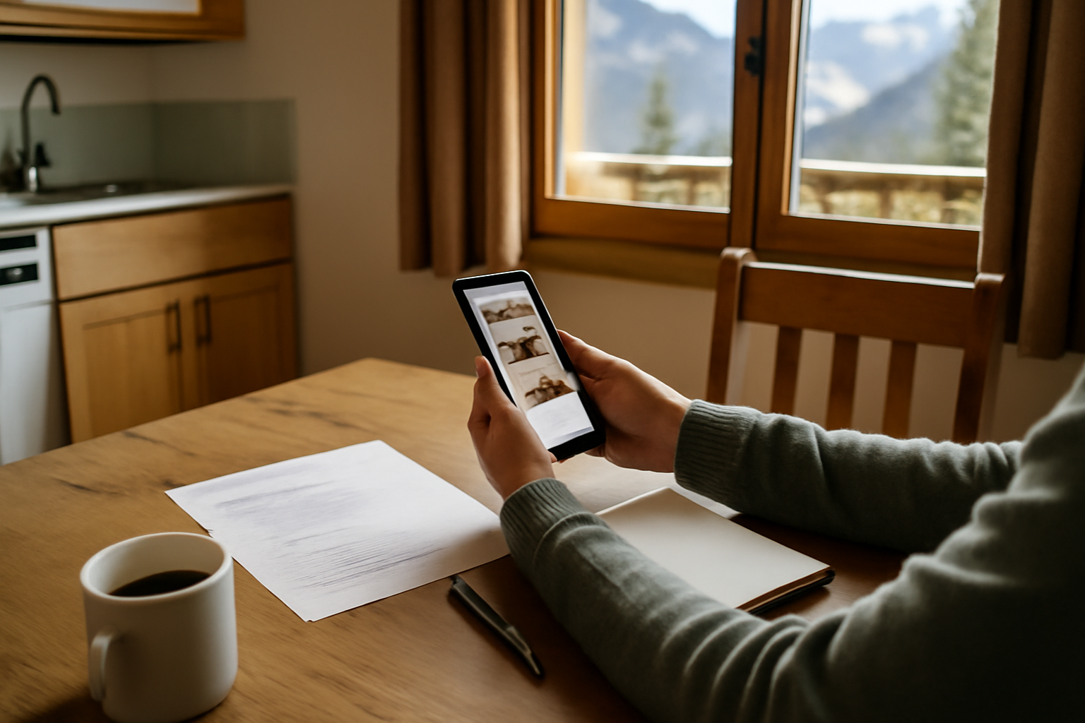 Vérification d’une annonce de location de vacances avec un guide papier, téléphone et liste de contrôle dans une cuisine