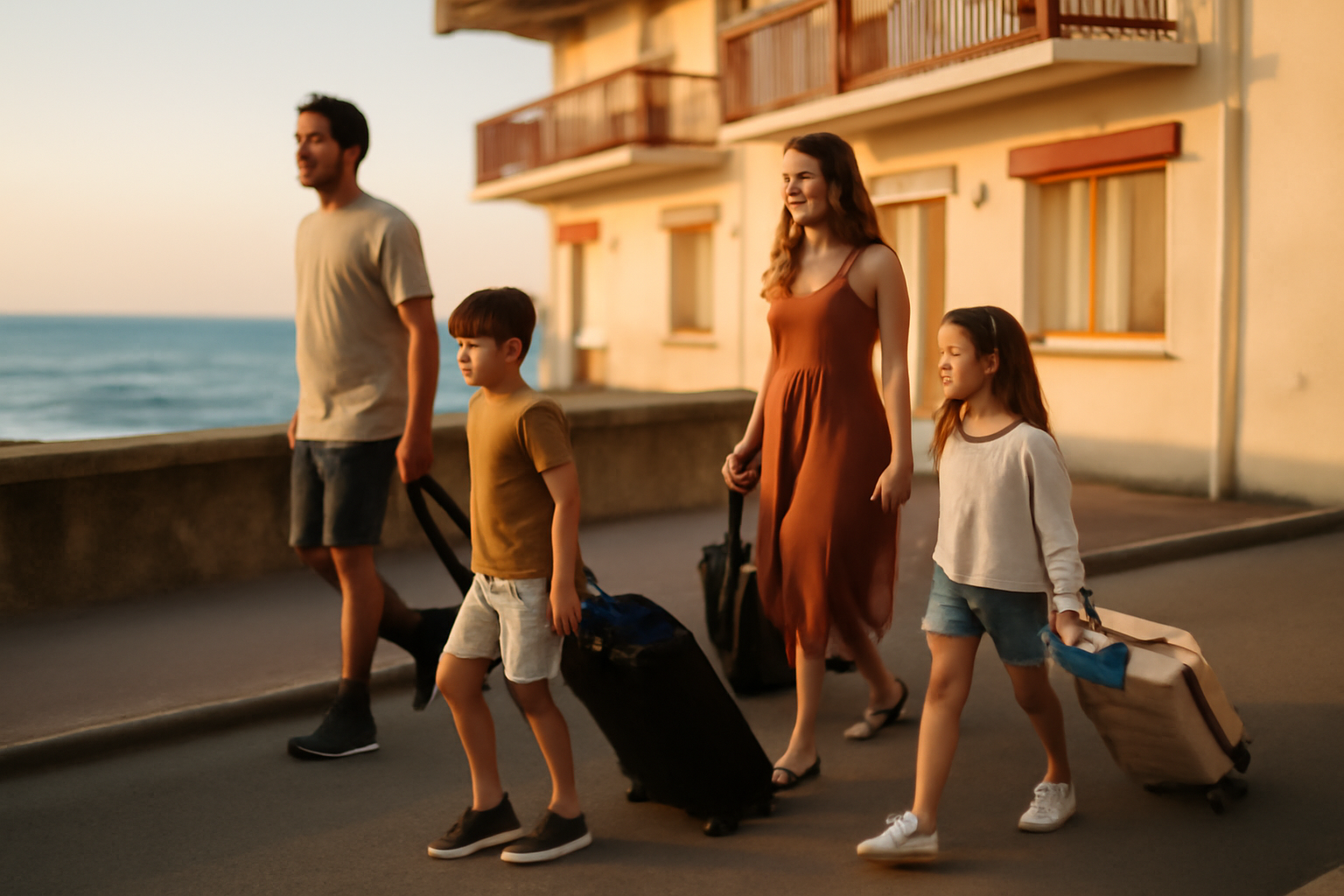 Location vacances biarritz vue sur la Côte Basque et marche vers la plage, famille avec valises