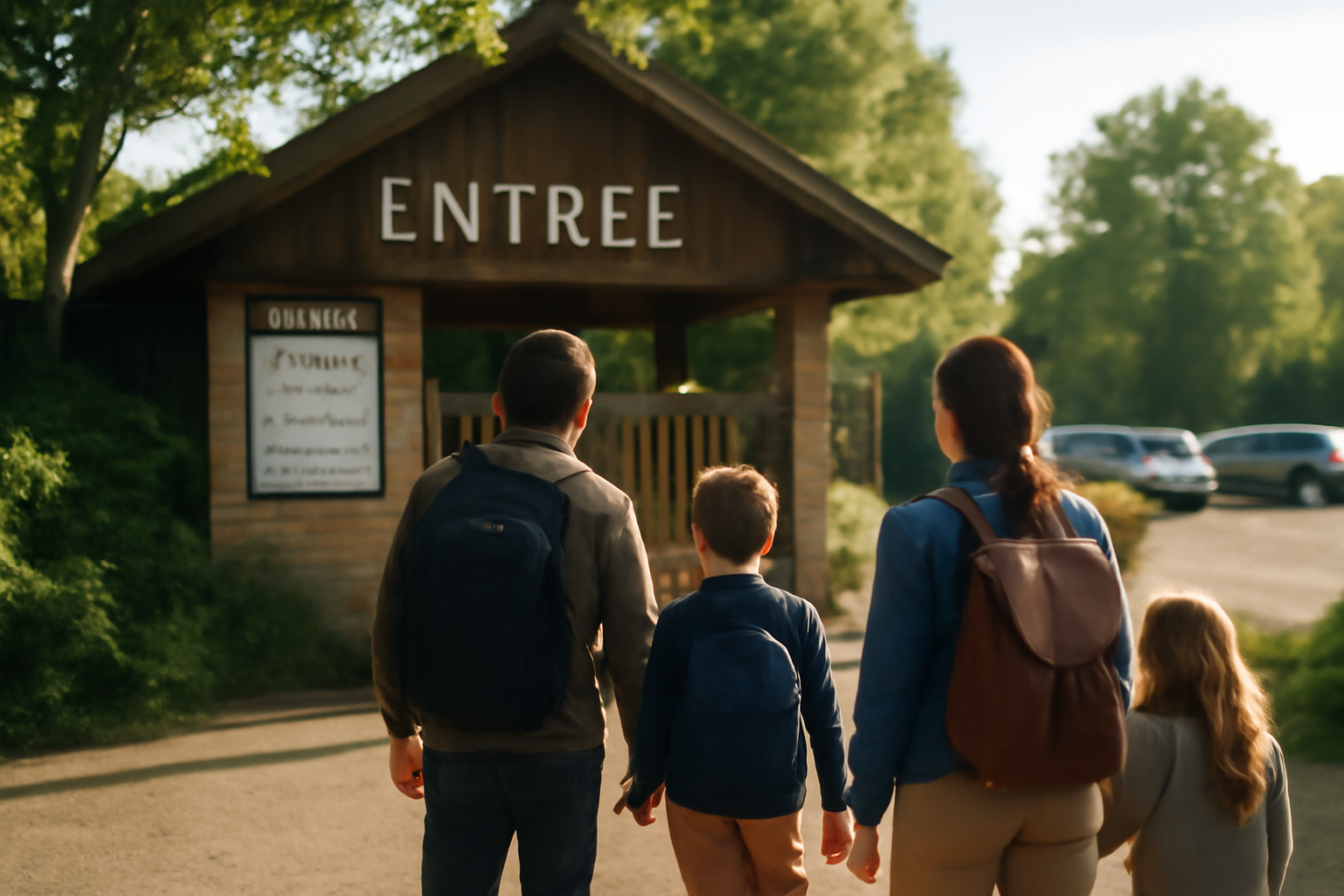 Famille devant l’entrée d’un parc animalier autour de moi, file d’attente et panneaux horaires, lumière de matin