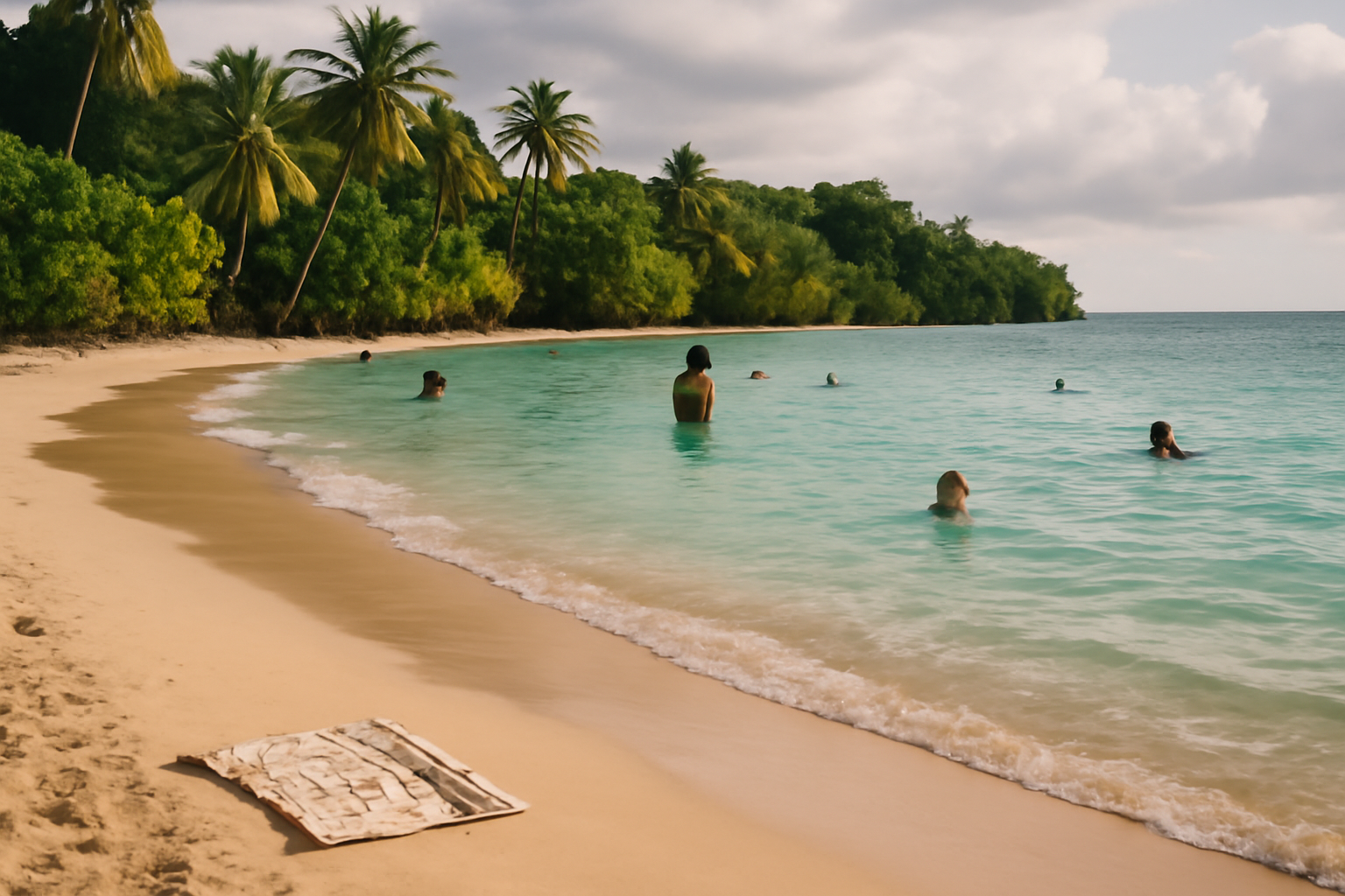 Plage guadeloupe aux eaux turquoise, sable clair et végétation tropicale