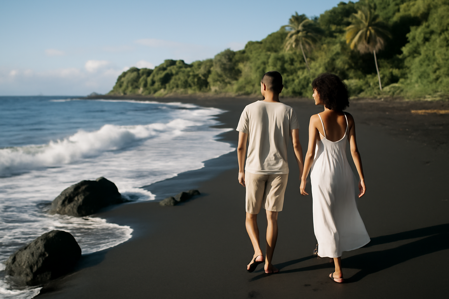 Plage guadeloupe à sable noir volcanique avec vagues et falaises