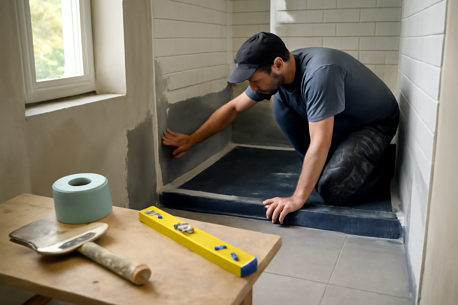 renover une salle de bain : artisan contrôle l’étanchéité autour d’une douche à l’italienne