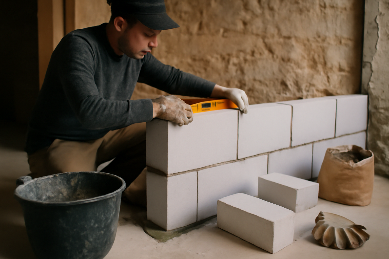Siporex en blocs posés sur chantier, niveau à bulle et mortier-colle, lumière de jour
