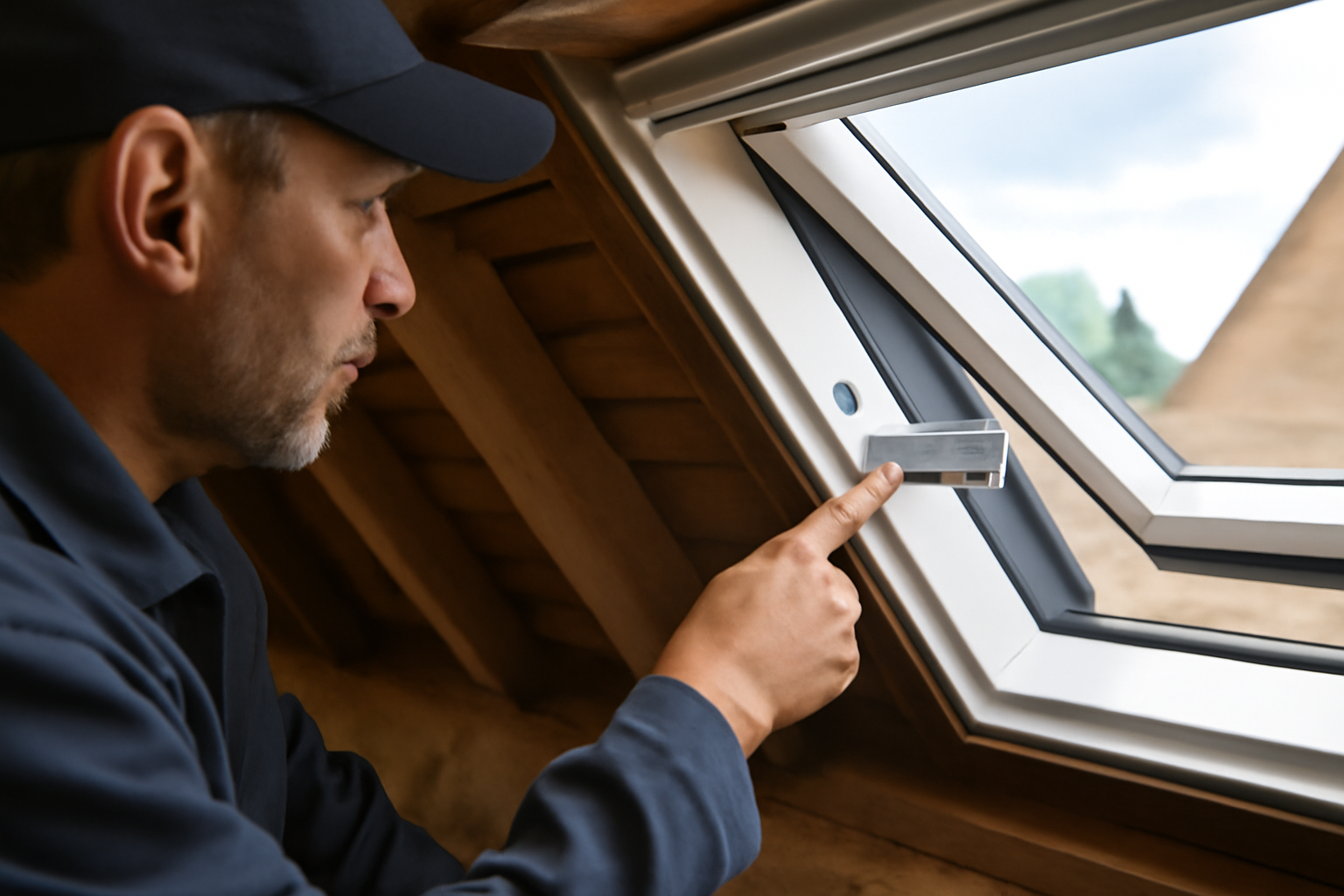 Velux dimensions : plaque d’identification sur une fenêtre de toit VELUX, vue en gros plan