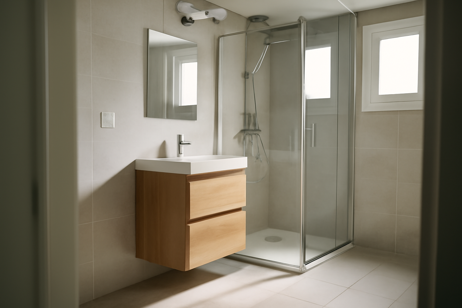 Ventilation dans une salle de bain avec VMC et sortie extérieure, vue réaliste d’un logement français