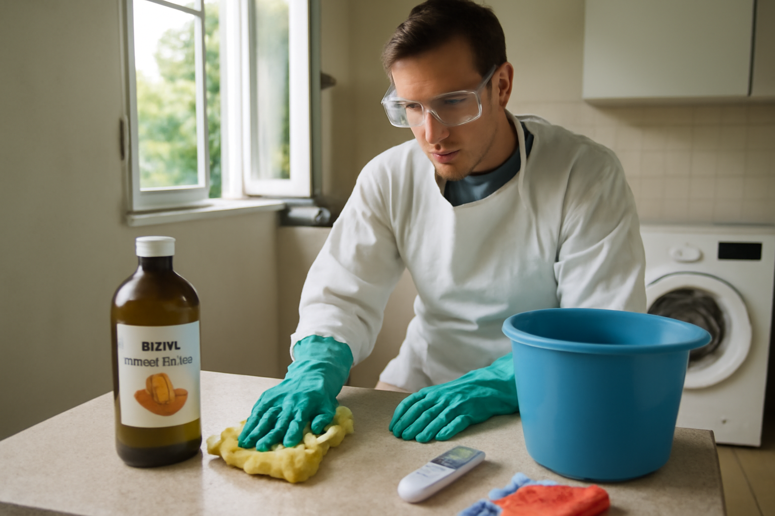 Acide nitrique nettoyage : gants et lunettes de protection près d’un évier, ventilation ouverte, flacon étiqueté