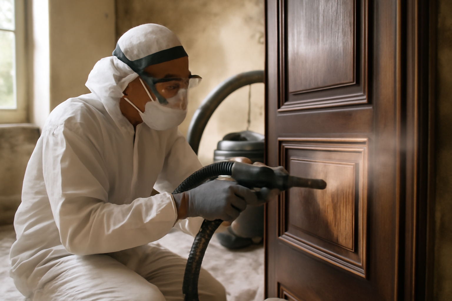 aerogommage bois sur boiserie en atelier, aspiration et protection des zones