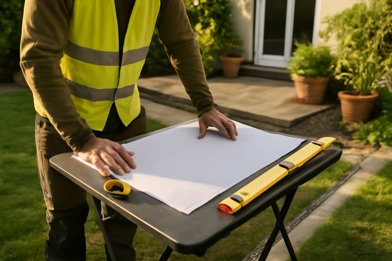 Aménagement extérieur brico relax com : diagnostic d’un jardin avec mesures et plan sur table