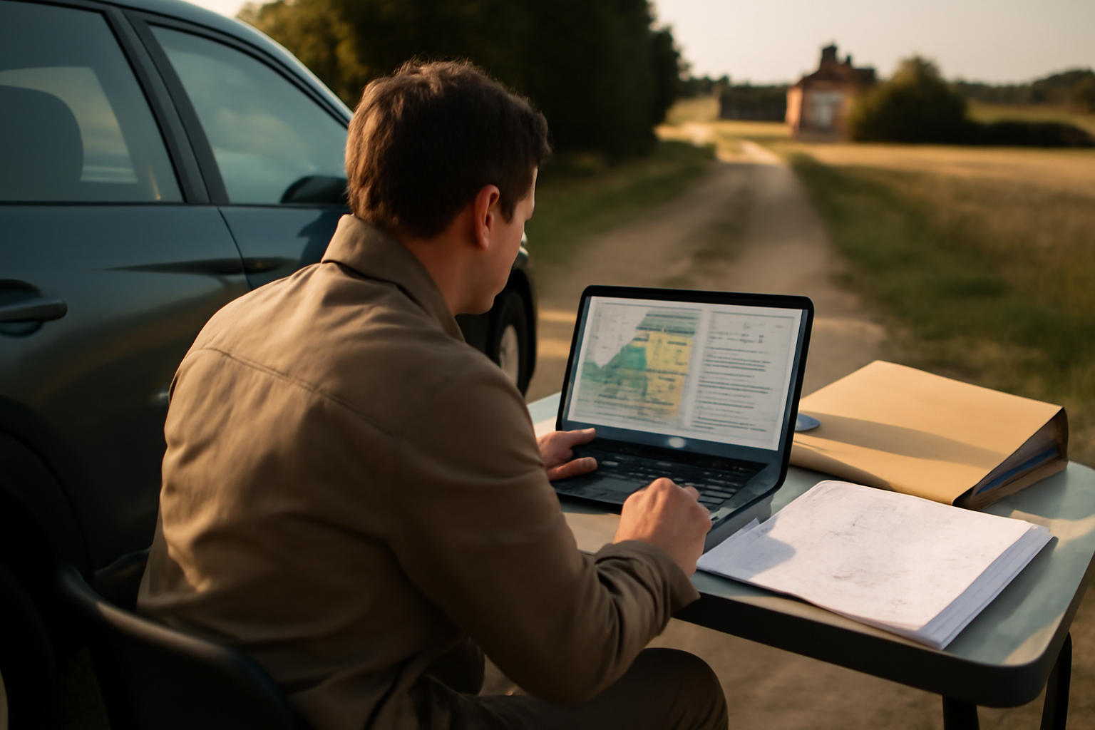 Terrain agricole en France avec un plan cadastral, une personne consultant le PLU sur ordinateur et une mairie en arrière-plan, lumière de fin d’après-midi, scène réaliste