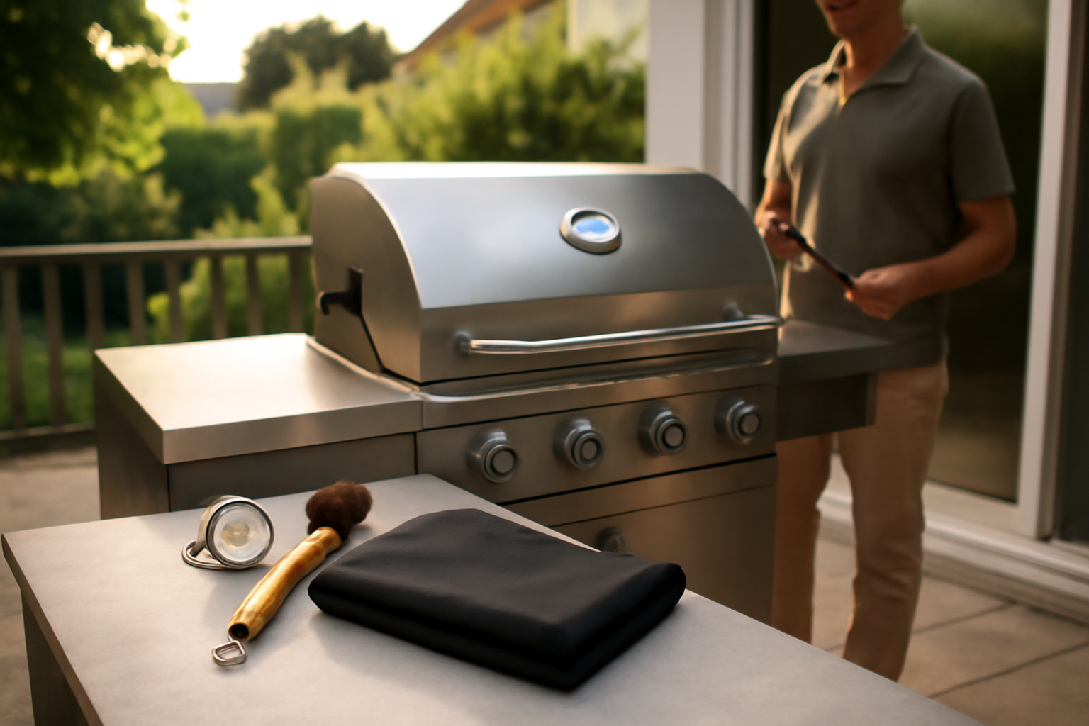 Barbecue design en acier inox sur terrasse française avec accessoires et housse respirante