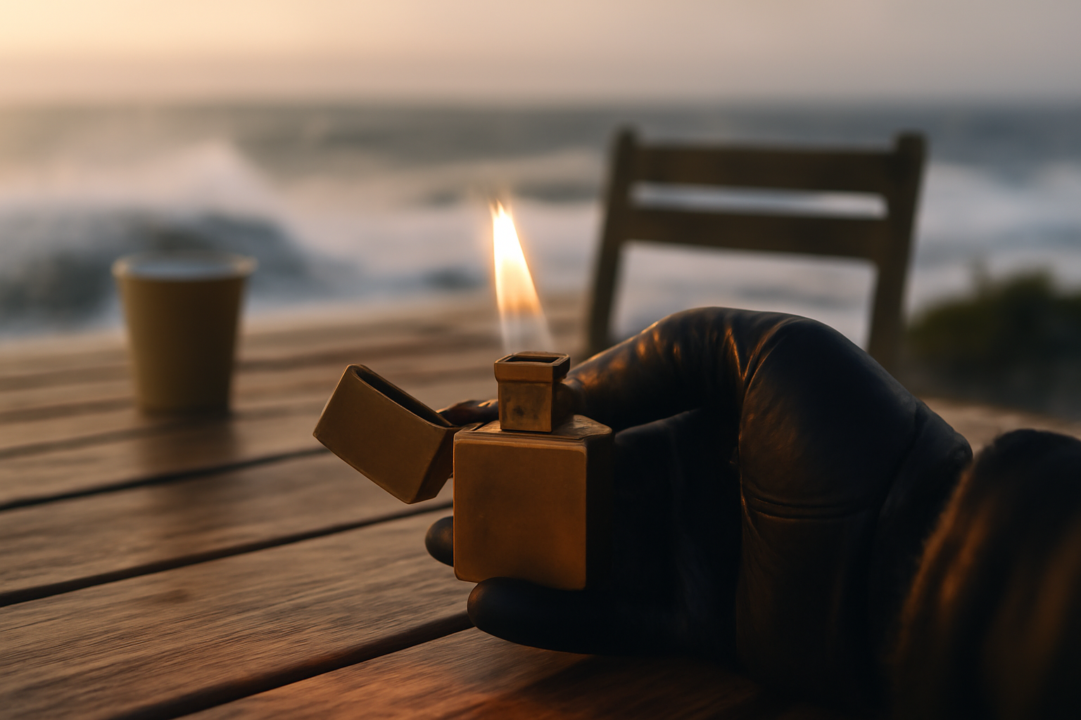 briquet tempete rechargeable avec pare-brise coupe-vent sur une terrasse au vent