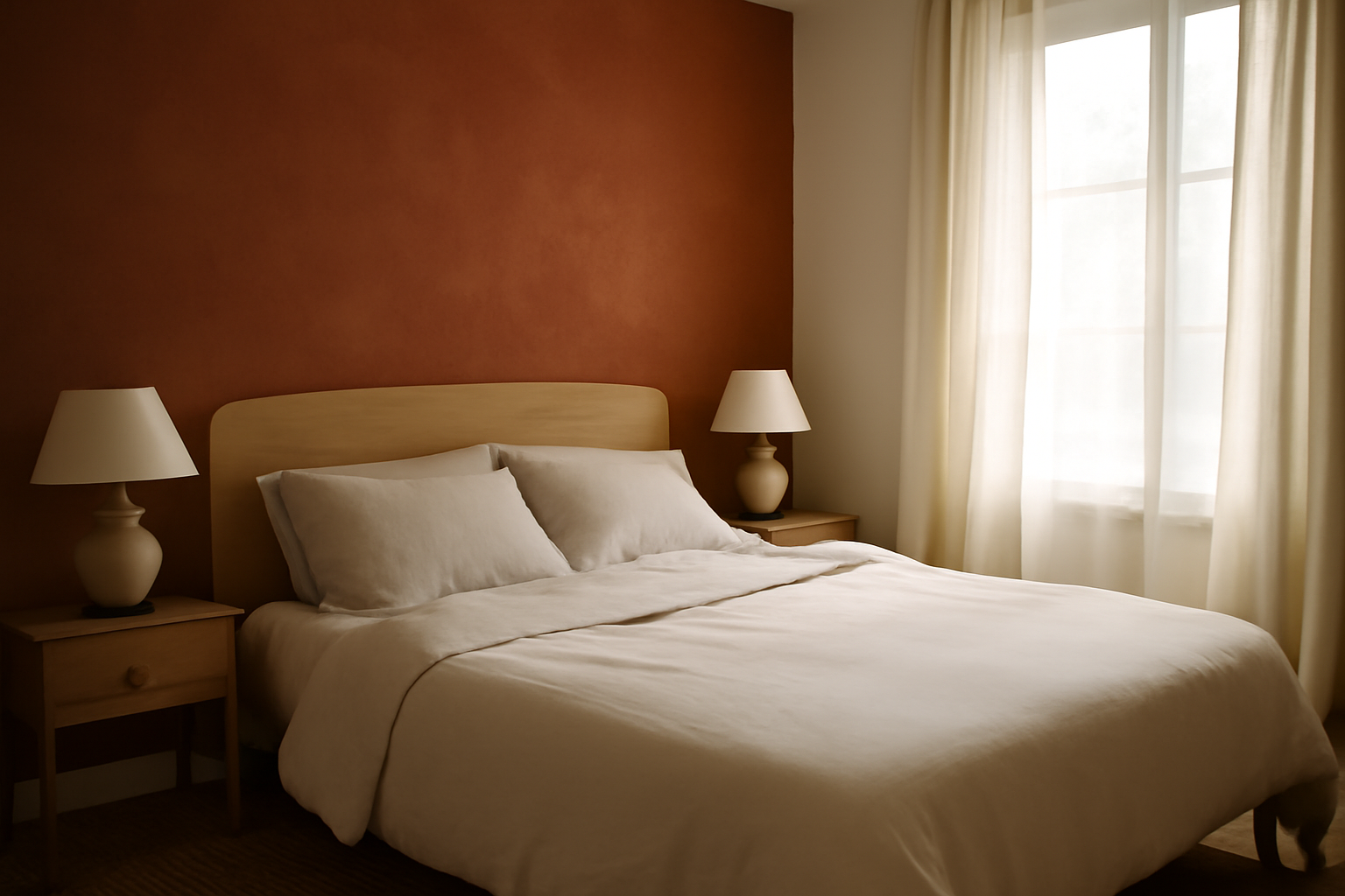chambre terracotta avec mur d’accent, tête de lit en bois clair et textiles crème, lumière naturelle