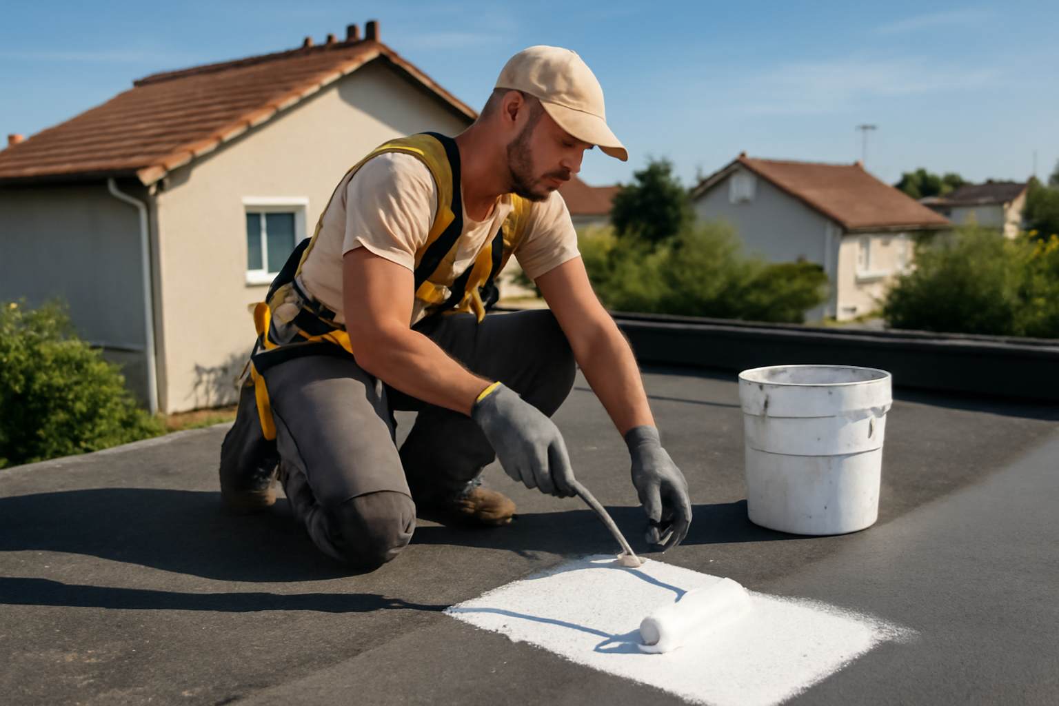 cool roof sur toiture résidentielle en France, pose d’un revêtement réflectif par un artisan, ciel ensoleillé