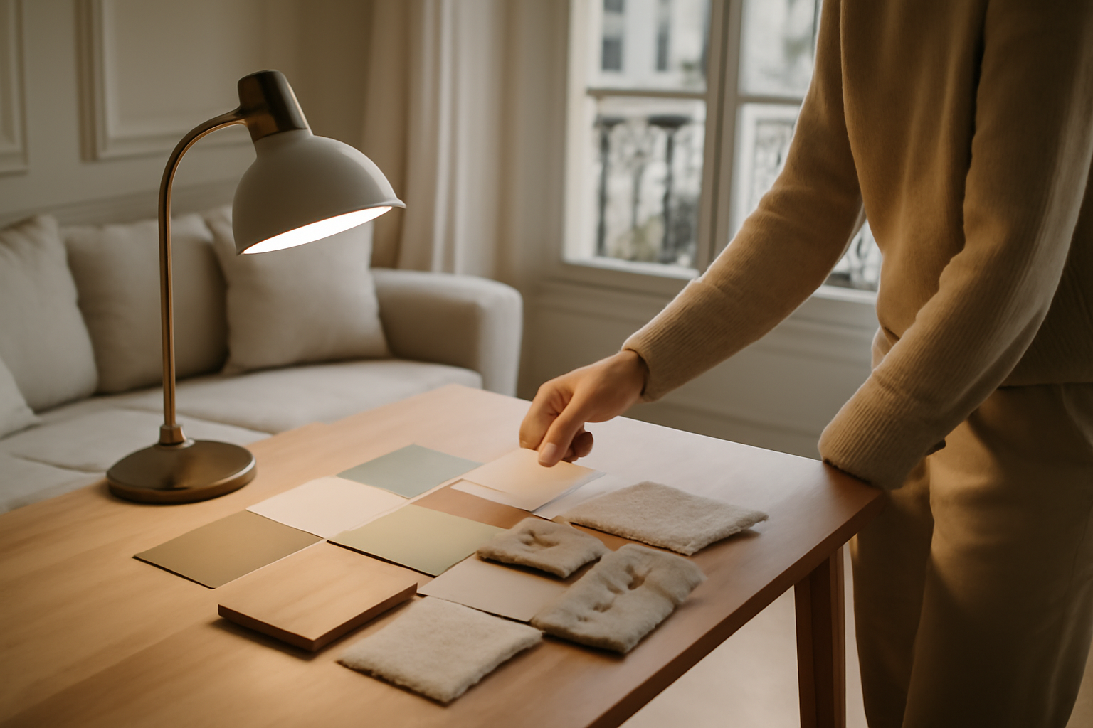 Decoration interieur : moodboard déco et échantillons de matières sur une table, lumière naturelle