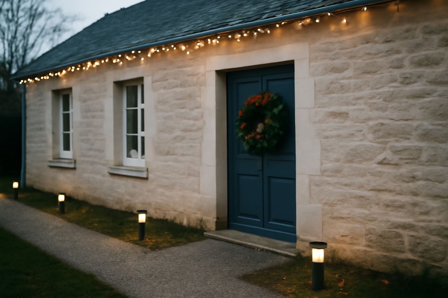 Decoration noel exterieur : guirlande LED sur façade et balises au sol dans une allée en France