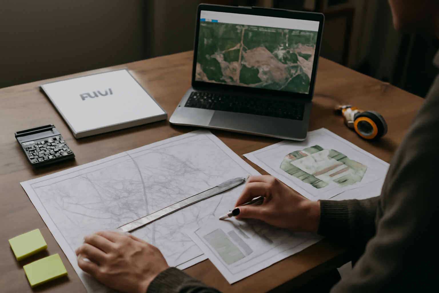 exemple de plan de masse sur table de travail avec plan cadastral, règles de recul et schéma d’accès