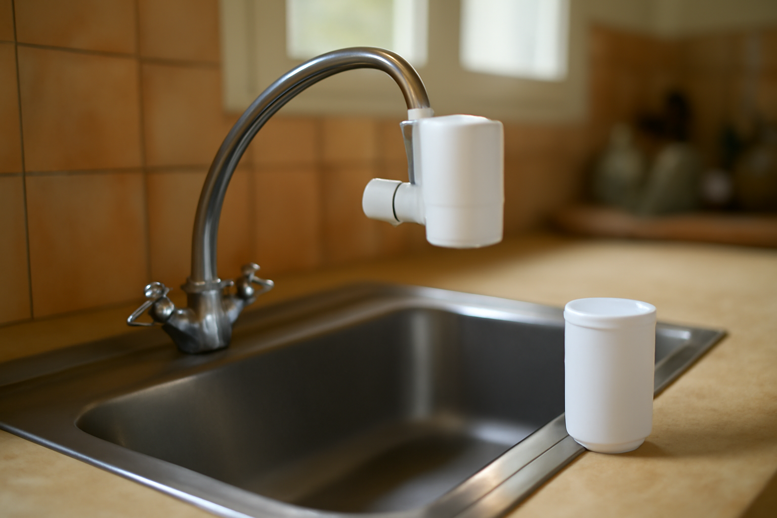 filtre eau robinet installé sur un évier en cuisine française, cartouche visible et robinet avec mousseur