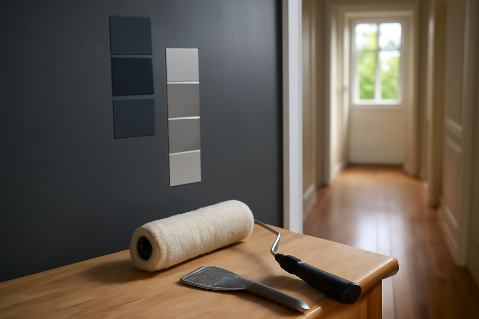 Gris anthracite sur mur intérieur avec échantillons RAL 7016 et éclairage naturel
