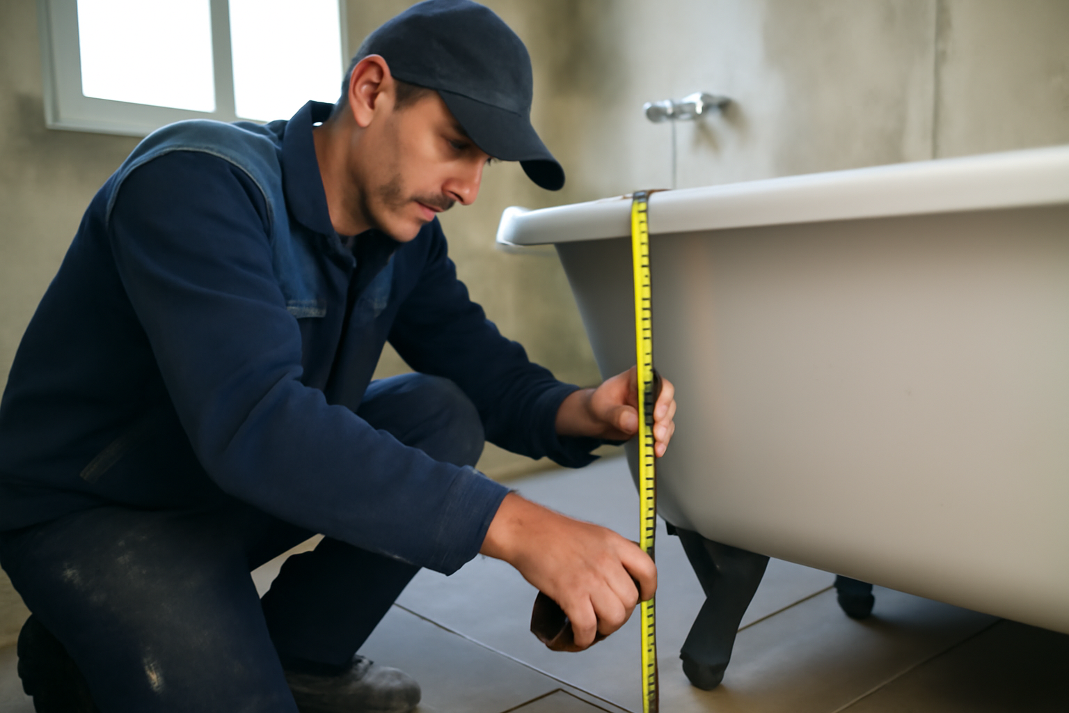 hauteur baignoire : pose d’une baignoire avec règle de mesure du sol fini au bord intérieur