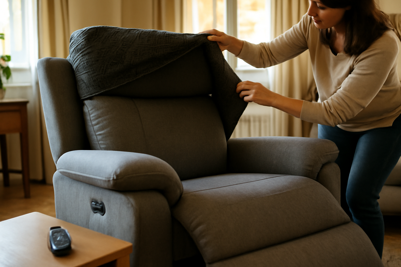 housse pour fauteuil electrique sur un fauteuil relax électrique dans un salon lumineux