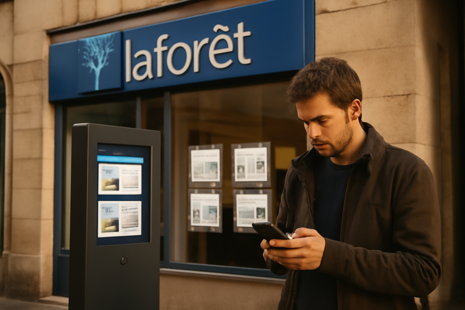 Façade de l’agence Laforêt à Vesoul 70000 avec un panneau d’accueil et une lumière de fin d’après-midi