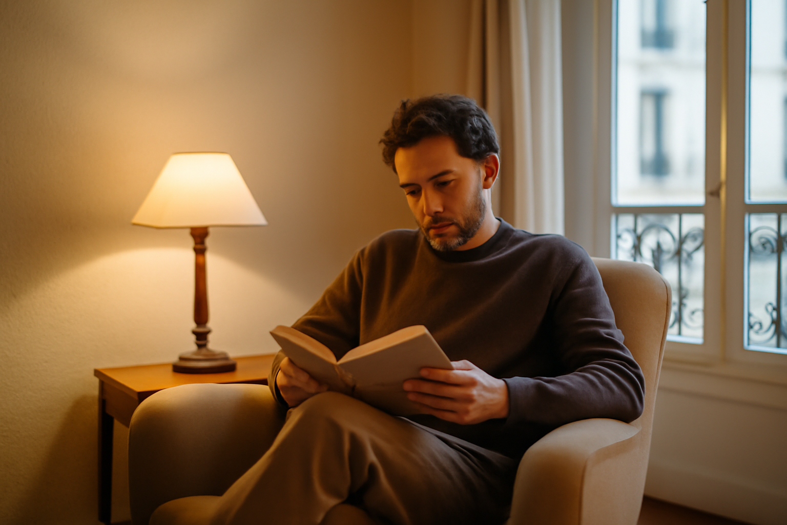 Où il y aurait une lampe à l’intérieur : salon avec lampe d’appoint près du fauteuil, lumière indirecte