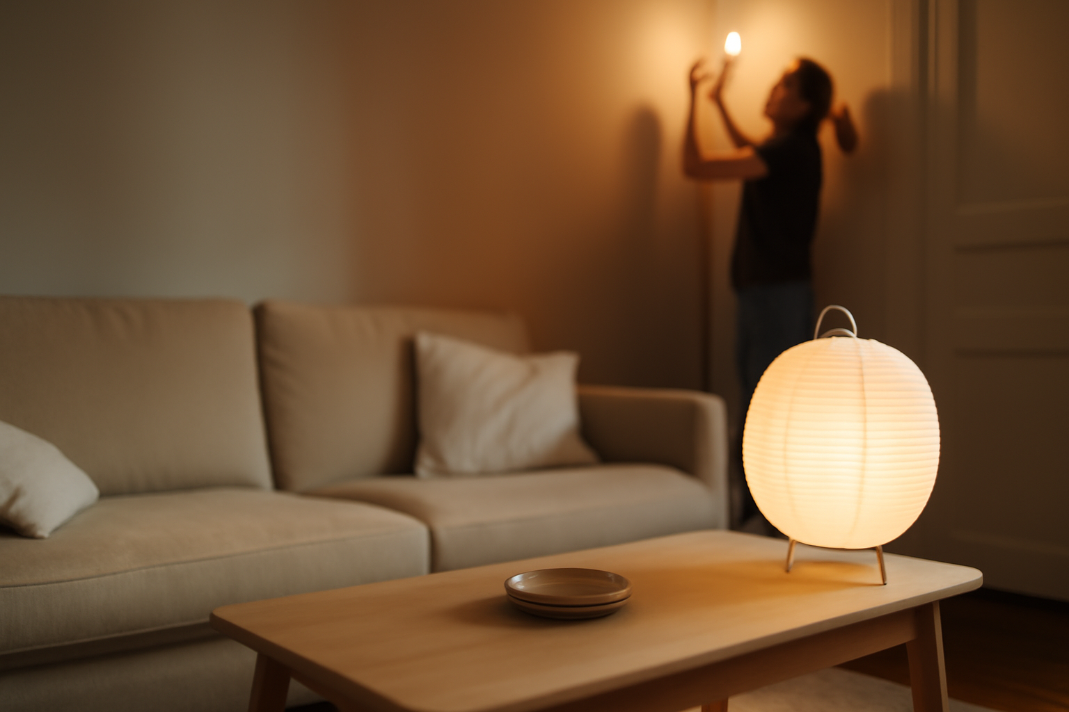 lampe japonaise en washi diffusant une lumière chaude dans un salon français