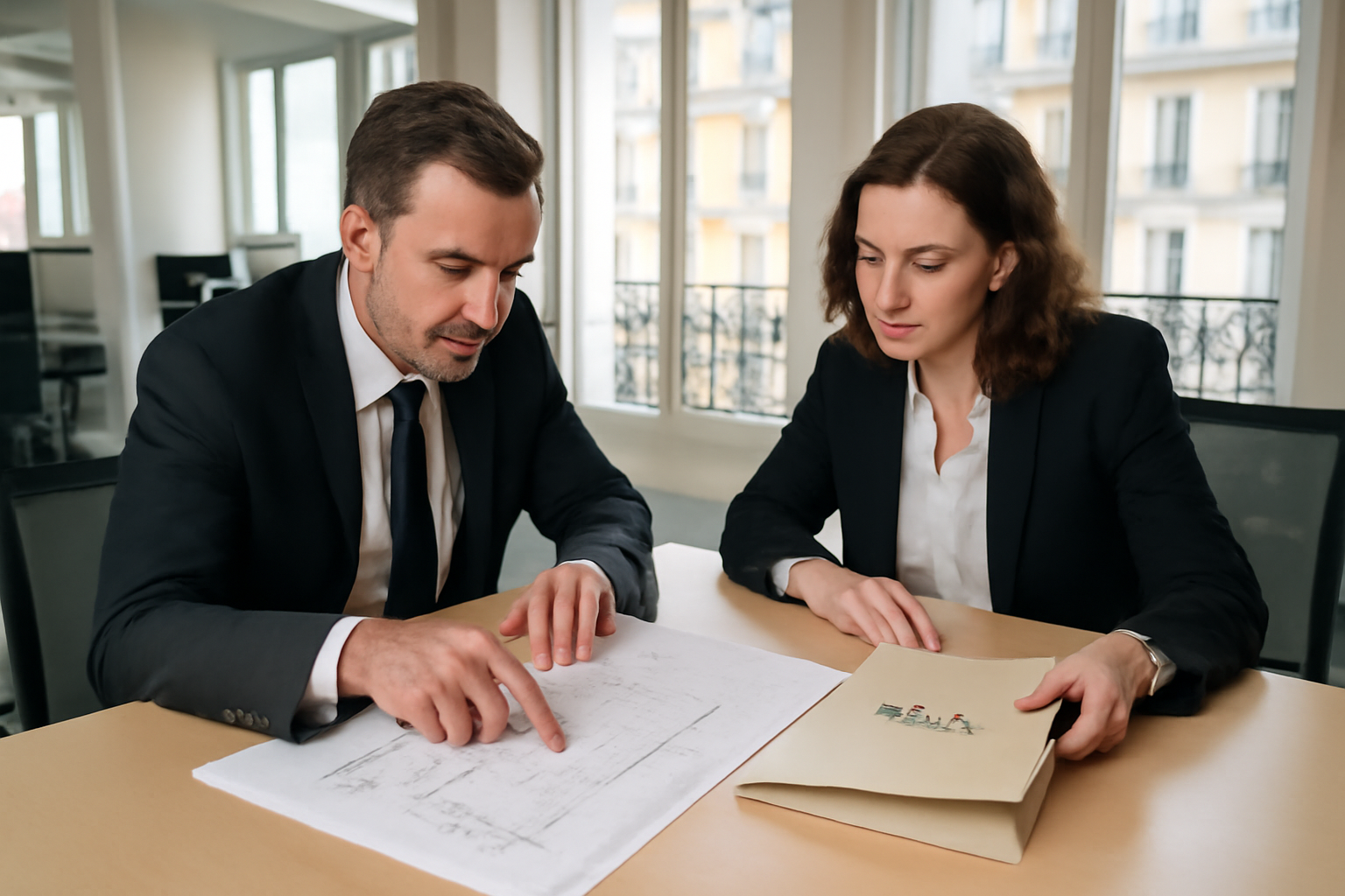 location bureau : visite d’un local professionnel avec un plan et des documents de bail