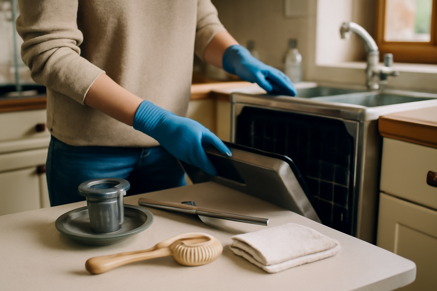 nettoyer lave vaisselle : filtres et bras de lavage en cours de nettoyage dans une cuisine française, lumière du jour