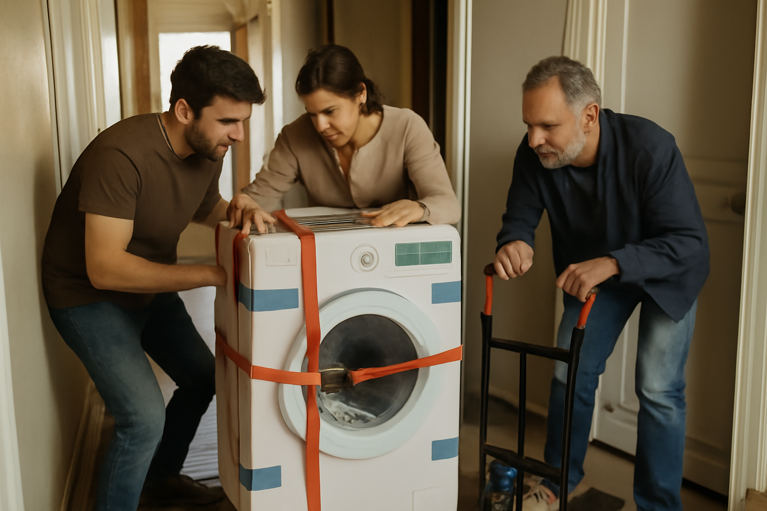Transport d’un lave-linge debout avant déménagement, calage et protection du hublot