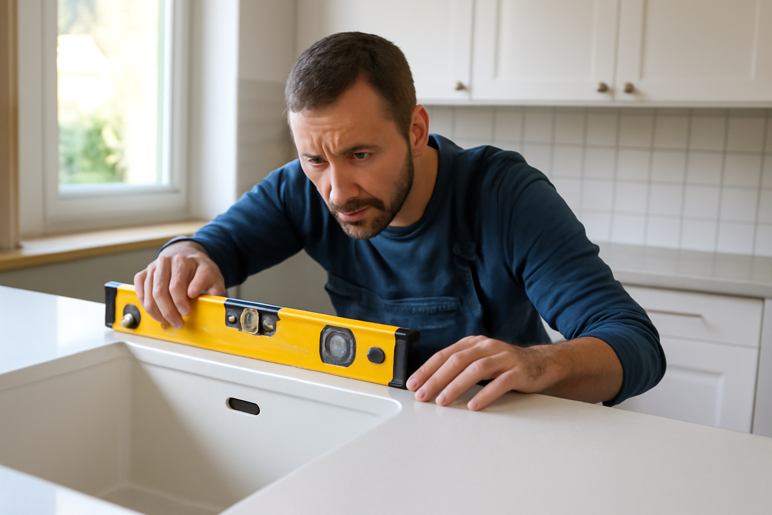 Plan de travail en corian dans une cuisine française, pose professionnelle, lumière naturelle