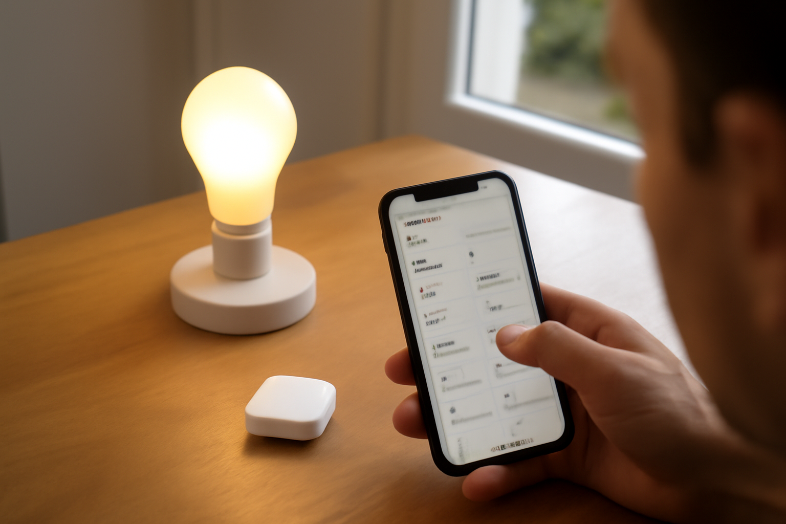 test pont zigbee universel : capteur et ampoule dimmable appairés, vérification des états sur smartphone