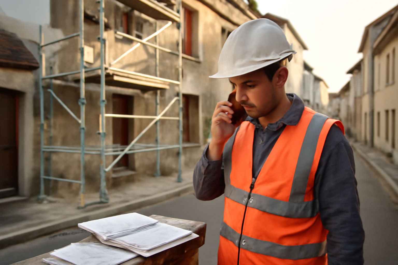 proxi chantier : artisan au téléphone devant un chantier local