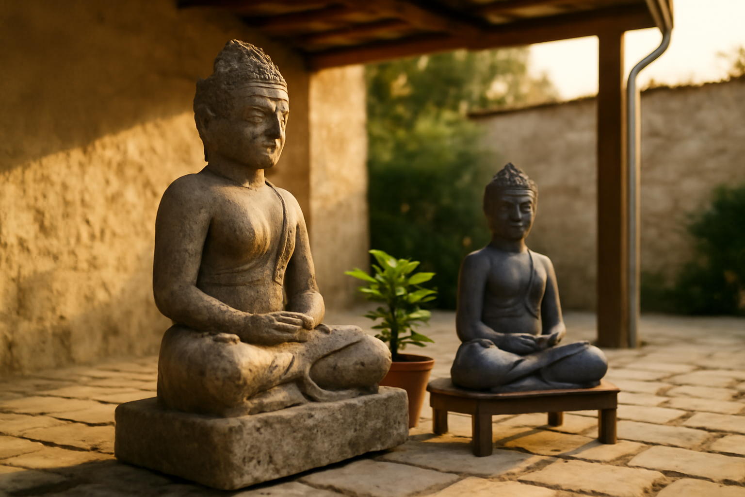 Statue bouddha en pierre et résine sur une terrasse abritée, lumière naturelle de fin d’après-midi
