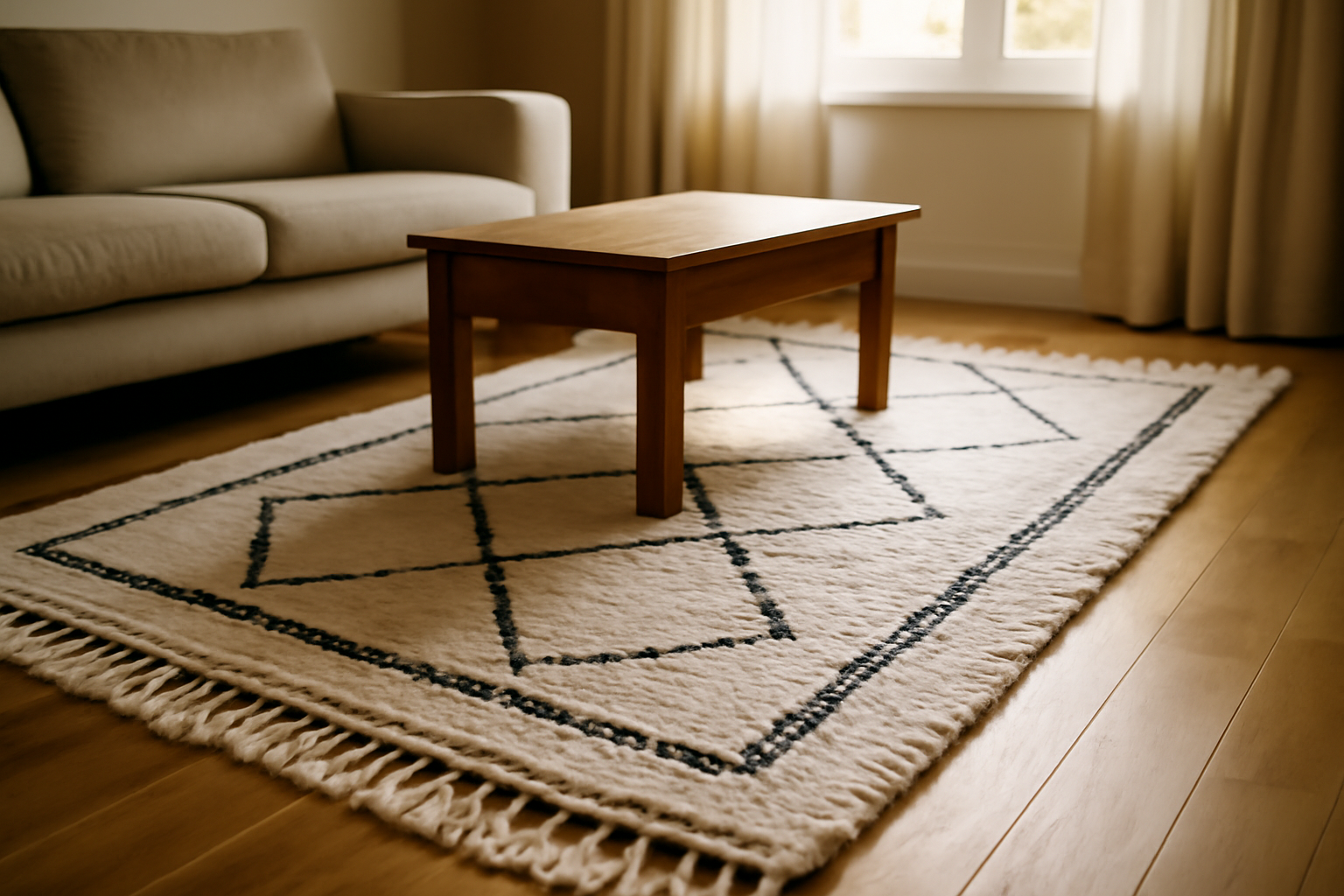 Tapis berbere blanc et noir en laine sur parquet clair, lumière naturelle, bordures nettes