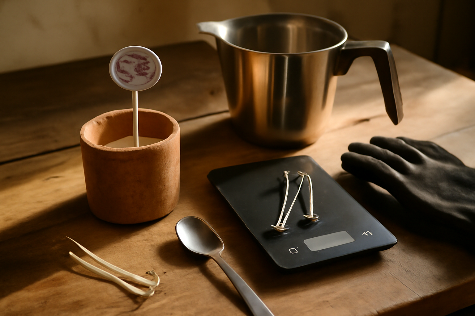 Terre de bougie et accessoires DIY sur plan de travail, bougies en préparation