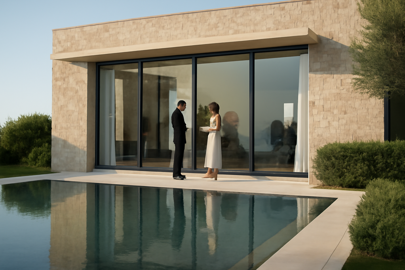 Villa de luxe à vendre en France : façade contemporaine avec piscine, lumière du matin