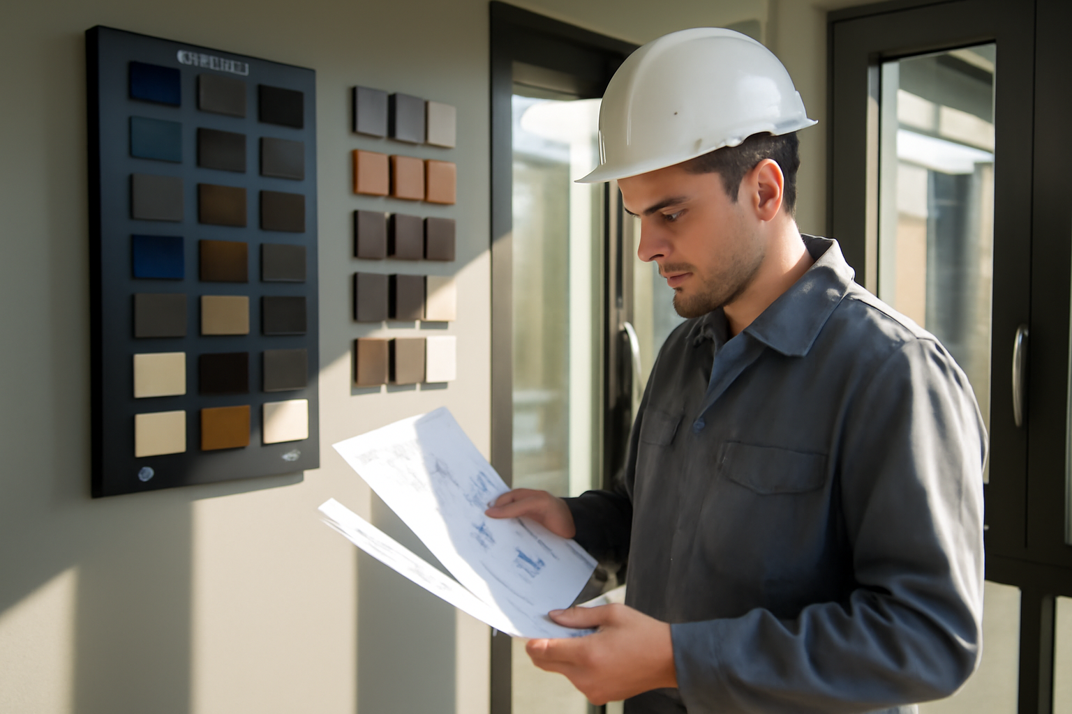 Wibaie menuiseries alu PVC bois-aluminium à Cholet, poseur montrant des fiches techniques