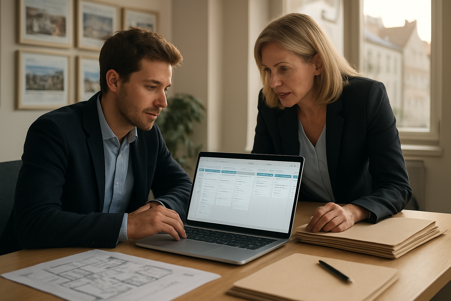 Chargé de relation client consultant un écran CRM immobilier avec des fiches de biens et des relances