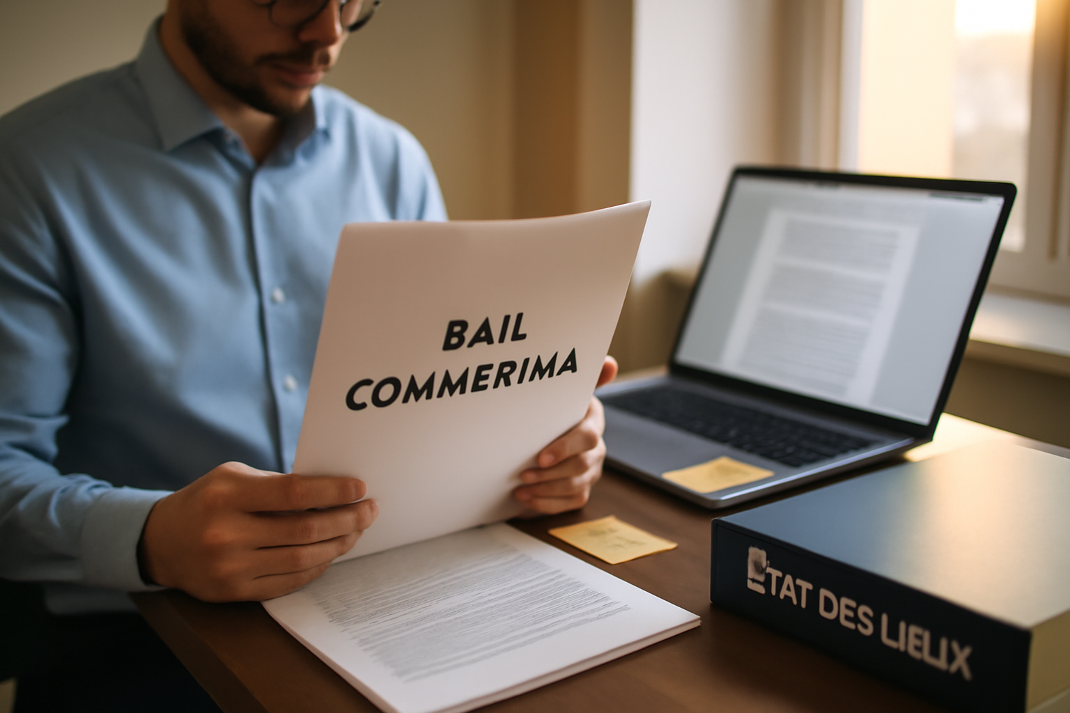 Contrôle d’un bail commercial Leasemaker 3.0 et pièces Pinel sur une table, documents annotés, lumière naturelle