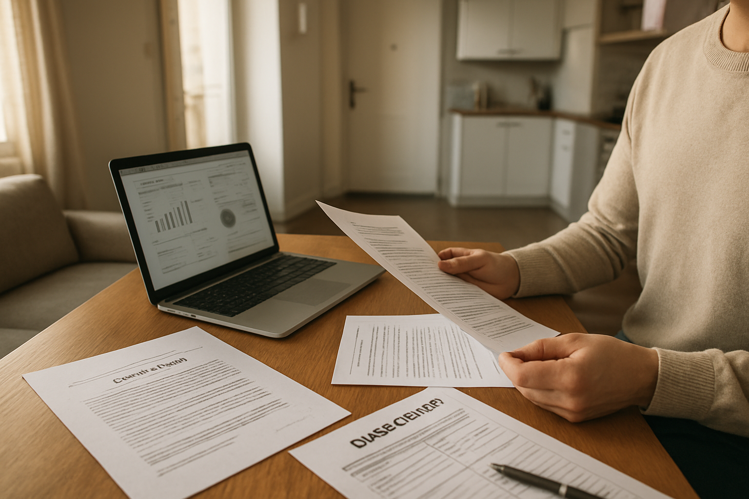 Appartement en copropriété en France avec documents de vente et dossier de bail réel solidaire sur une table