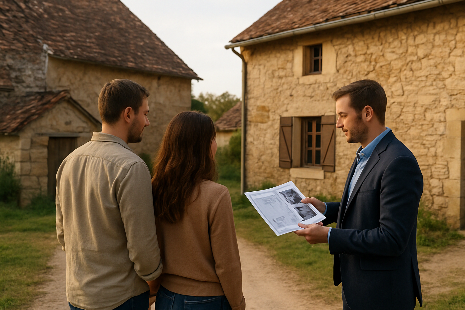 Un couple inspecte un hameau ancien avec une toiture et un accès à vérifier, lumière de fin d’après-midi, scène réaliste en France