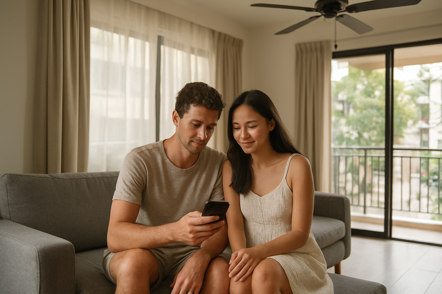 Appartement climatisé en location à Siem Reap, balcon et lumière du matin