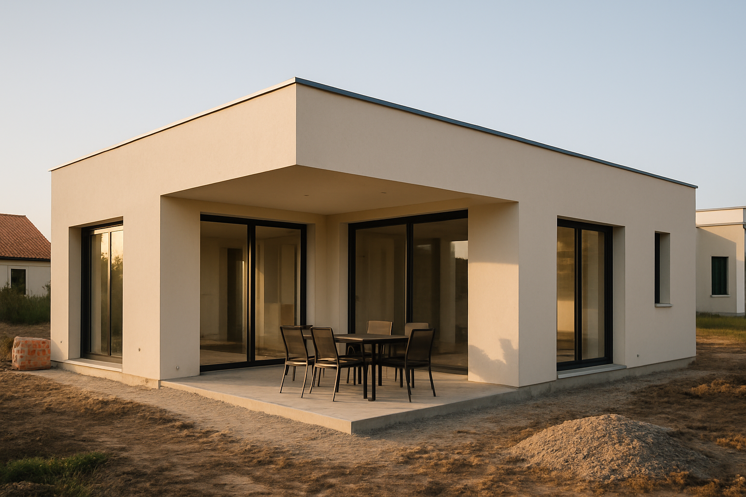 Maison en L moderne avec terrasse protégée par l’angle, vue de jour
